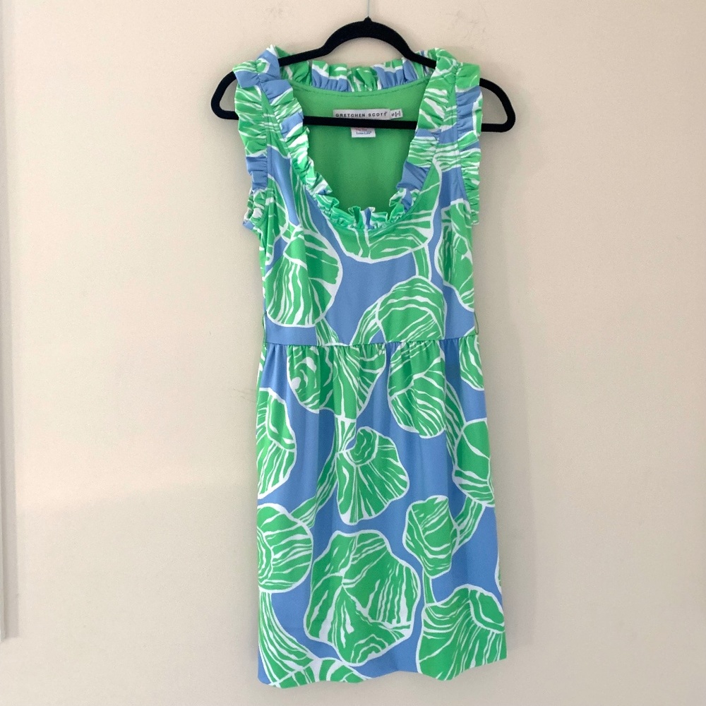 Gretchen Scott Ruffle Neck Dress Small Resort Vacation Cruise Stretch Sleeveless